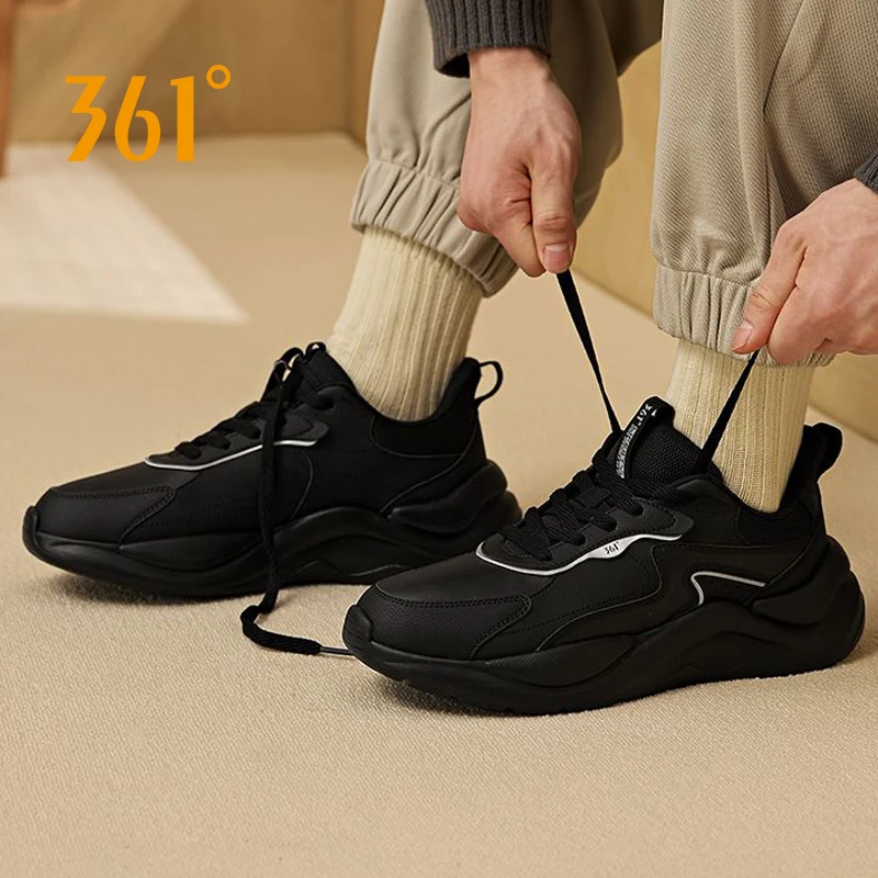 361°休闲鞋男秋季运动鞋皮面缓震复古防滑厚底黑武士老爹鞋秋冬鞋