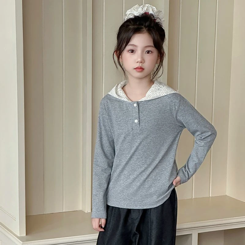 女童春秋新款2025打底宝宝长袖T恤洋气儿童上衣蕾丝花边修身