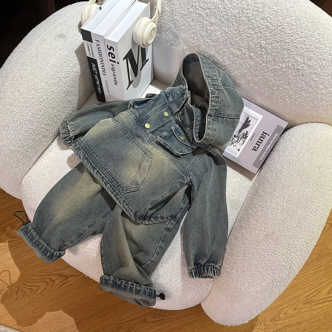 儿童25年春季男女童连帽上衣牛仔复古美式设计师款潮酷