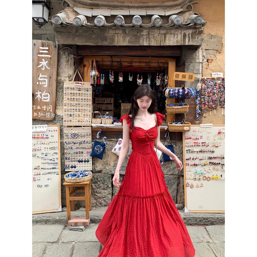 红色小飞袖露背波点连衣裙女夏收腰显瘦气质长款海边度假风雪纺裙