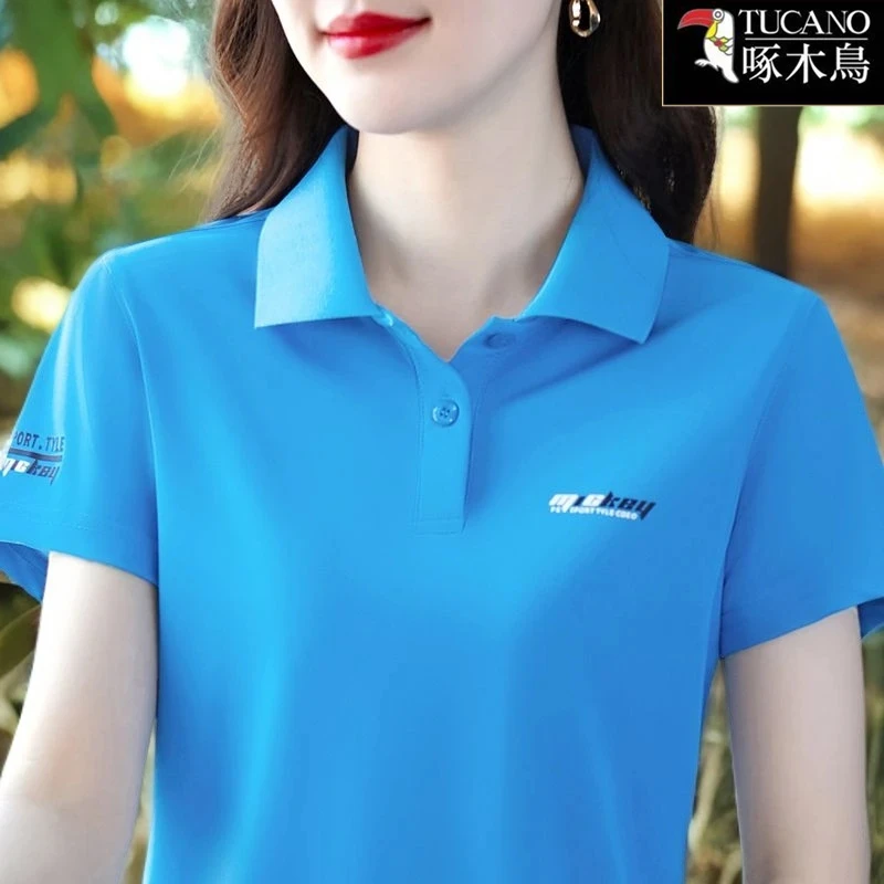 啄木鸟~中年妈妈纯棉有领短袖t恤女洋气上衣服夏装半袖翻领POLO衫
