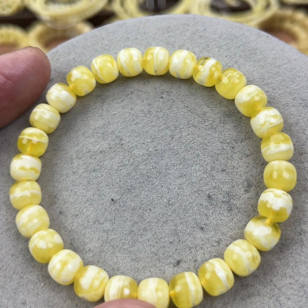 蜜蜡未镶嵌手串纯天然俄料金瓷白花虎皮8.2*7.7腕口18+