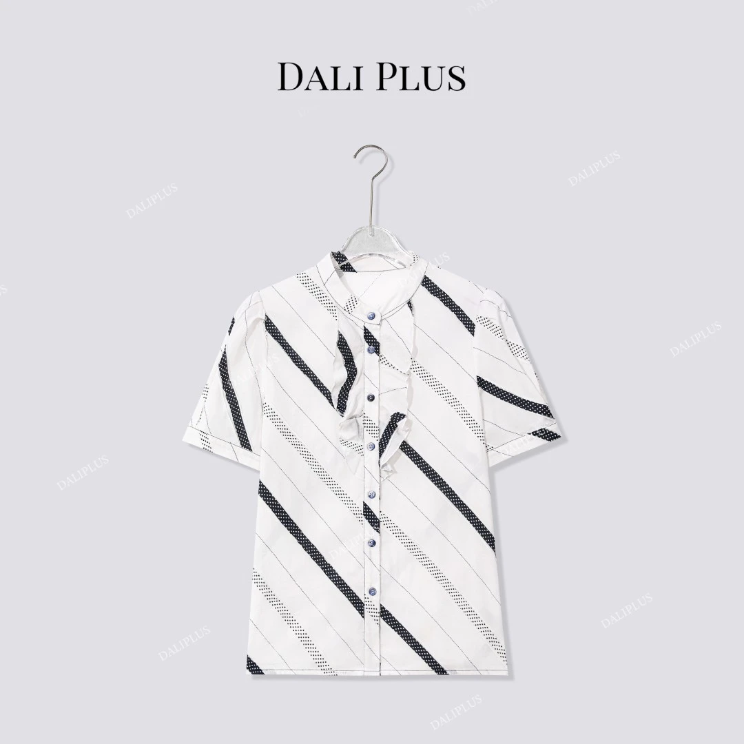 DALI PLUS“黑白斜纹波点衬衣”100棉撞色休闲短袖衬衫-D5SS7019
