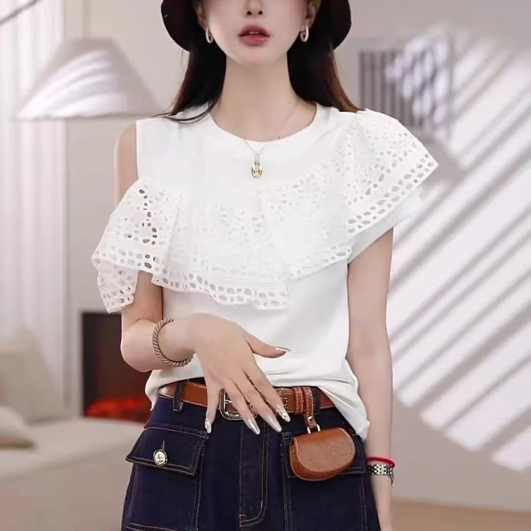 百搭显瘦荷叶边韩版白色减龄欧美风短袖蕾丝圆领T恤