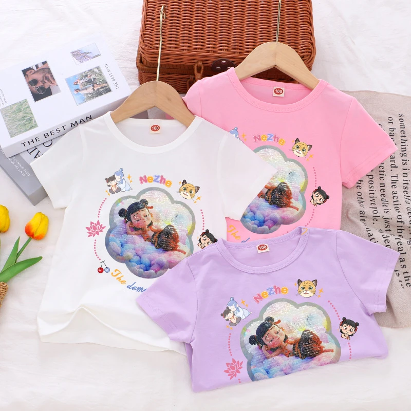 爆款女童短袖T恤儿童时尚百搭卡通印花亮片上衣小女孩夏天衣服