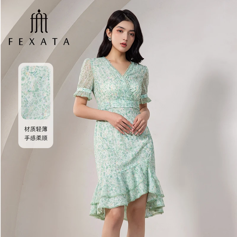 【白姐专属】FEXATA斐格思田园优雅玫瑰鱼尾茶歇连衣裙F42T1305