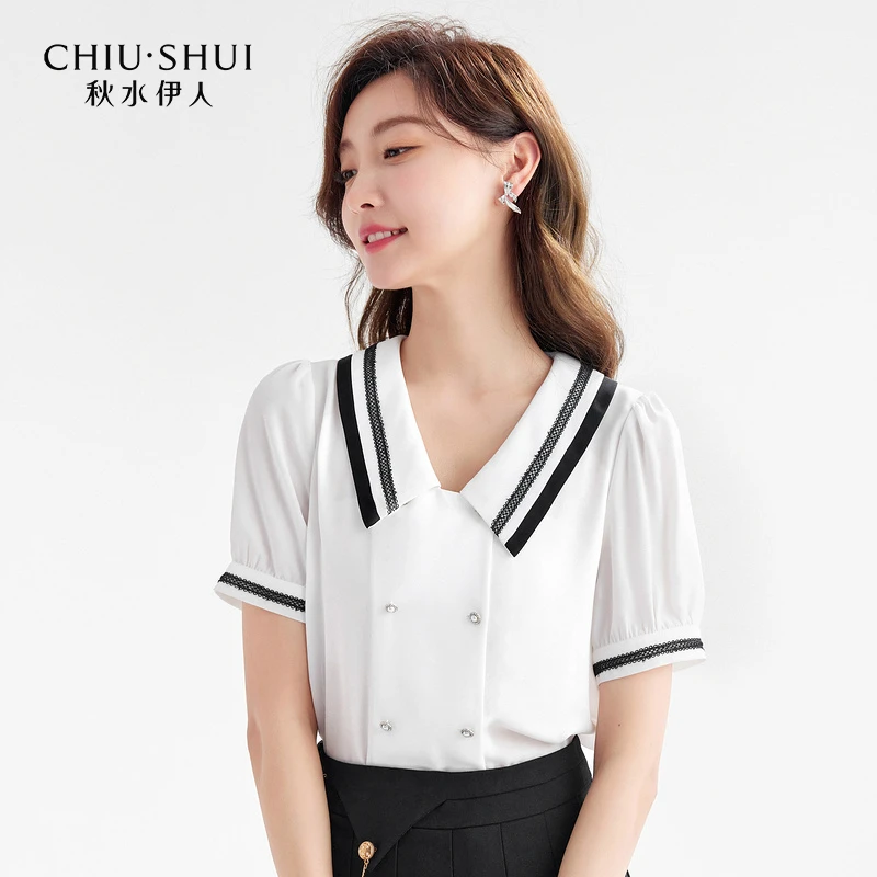 【直播】秋水伊人洋气翻领雪纺衬衫短袖女夏季1422
