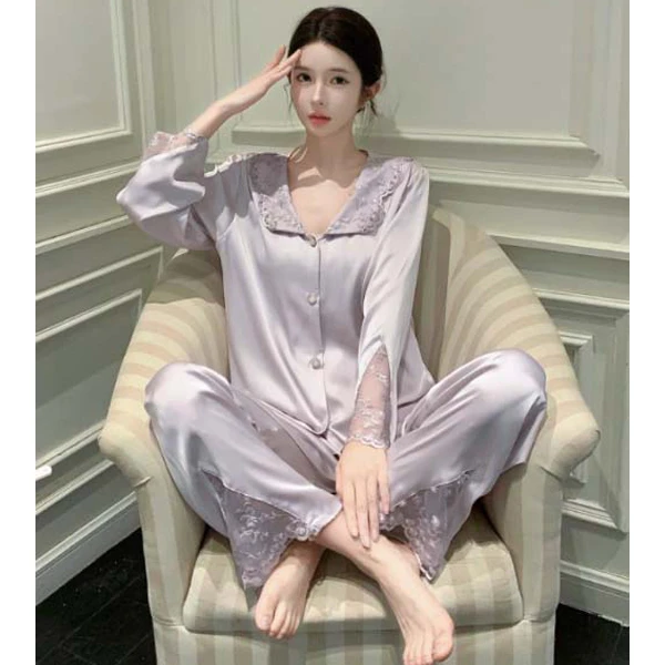 春夏新款蕾丝纯色高级感睡衣性感透气亲肤舒适长袖长裤套装1727