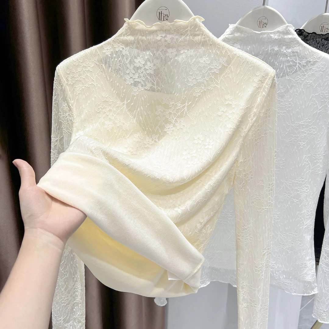 勾花半高领蕾丝加绒打底衫秋冬新款加厚网纱木耳边修身内搭T恤女