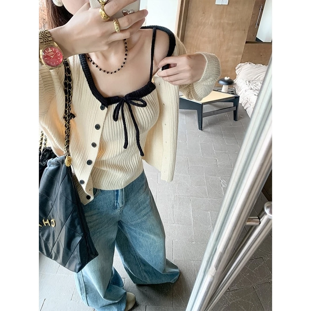 撞色绑带针织开衫吊带两件套女春秋温柔风修身百搭内搭外穿上衣