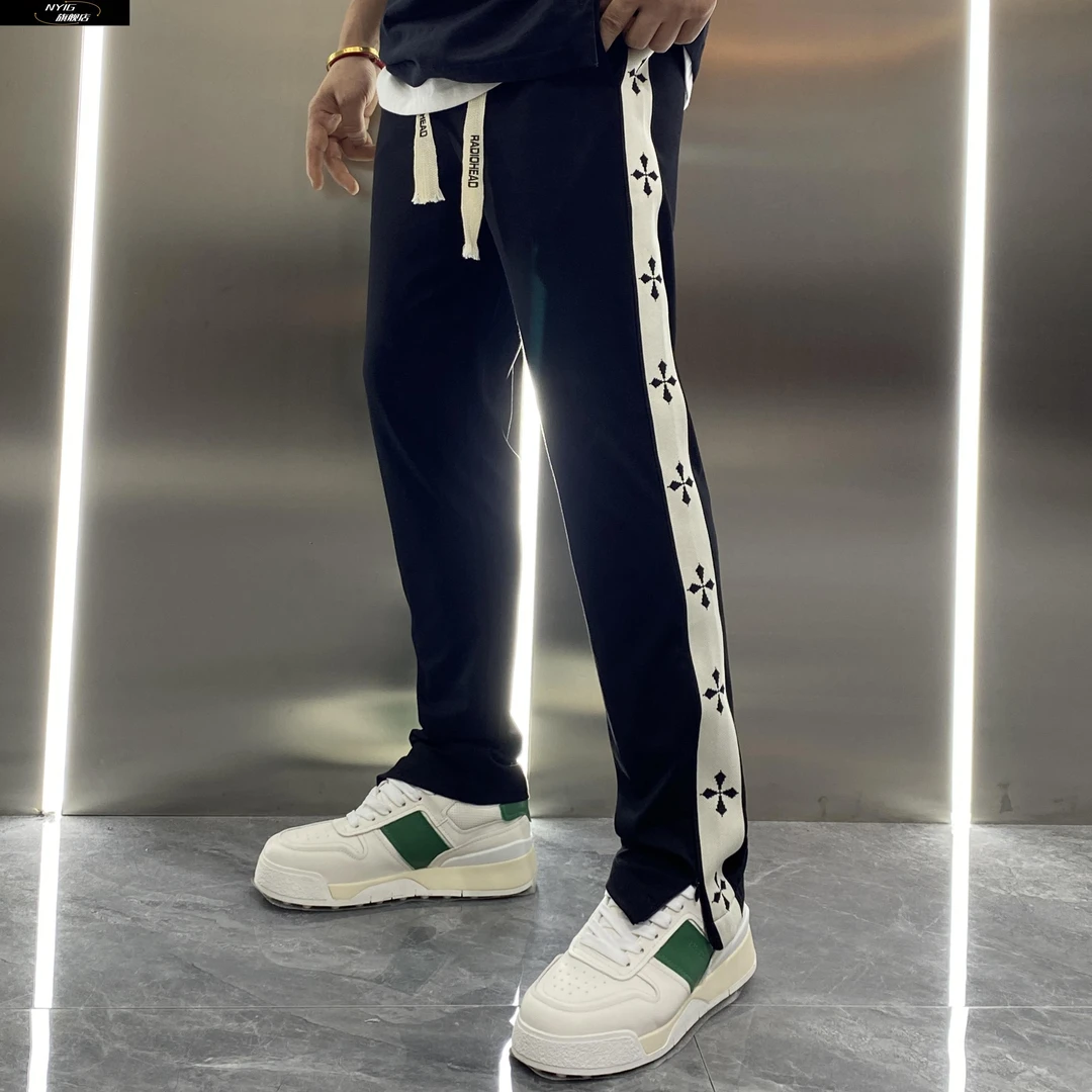 NYIG2025秋冬季新款拼接织带裤脚拉链条纹直筒运动休闲裤男宽松长