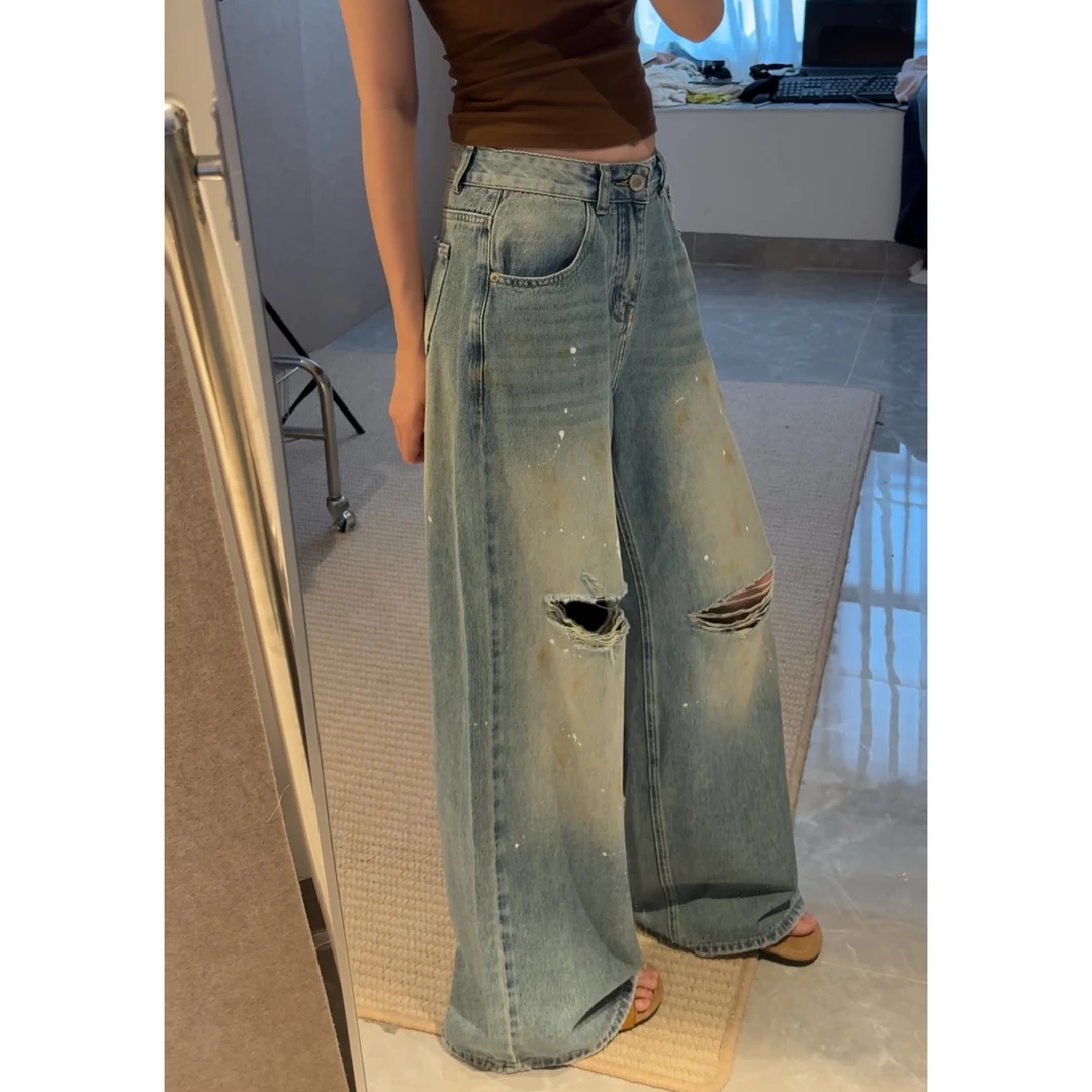 美式喷漆设计破洞牛仔裤女新款复古水洗直筒裤阔腿宽松休闲长裤