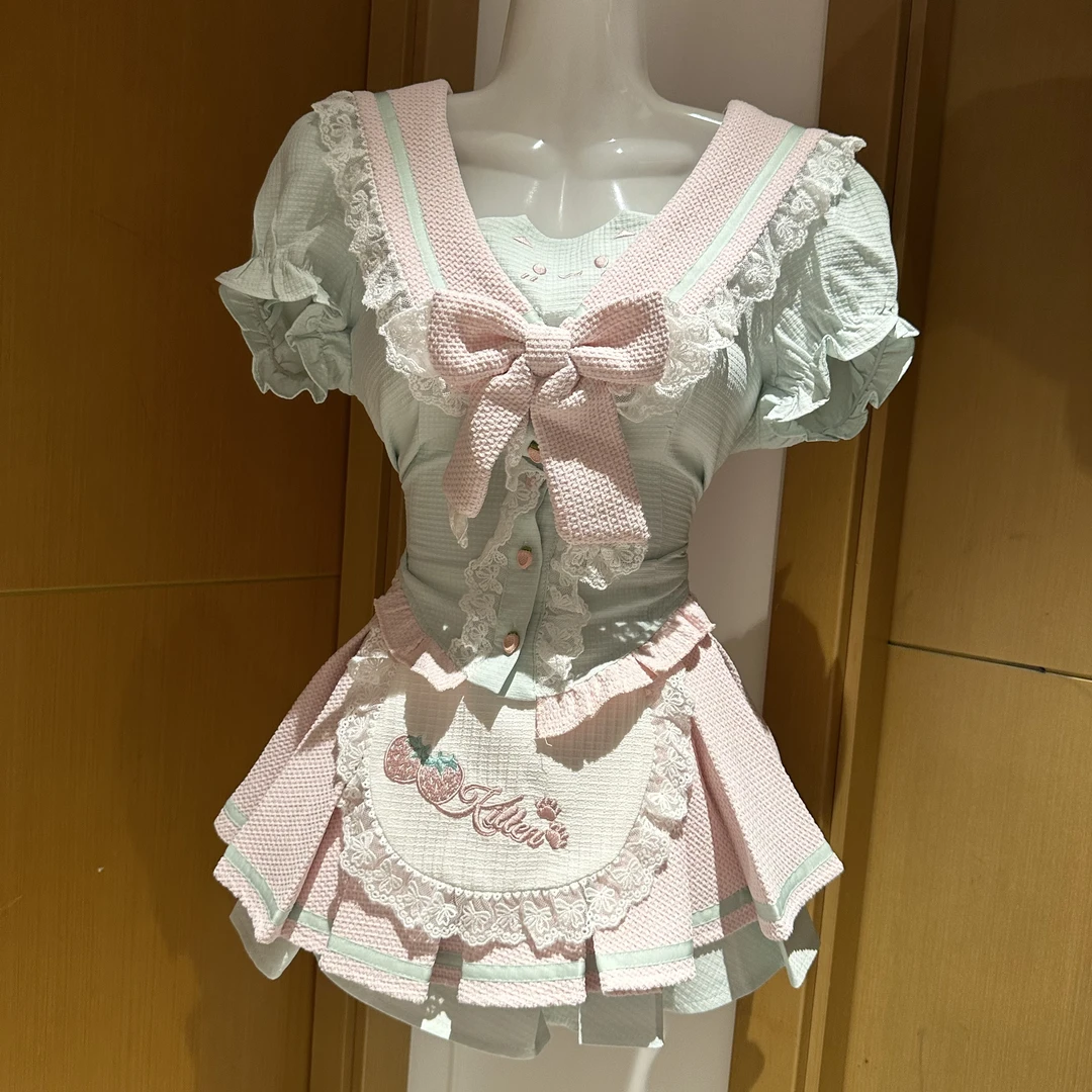 WM家布丁奶糕上衣粉蓝短裙夏季款