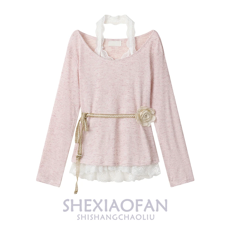 2025春新款韩系甜美假两件挂脖蕾丝针织衫收腰显瘦设计感长袖小衫