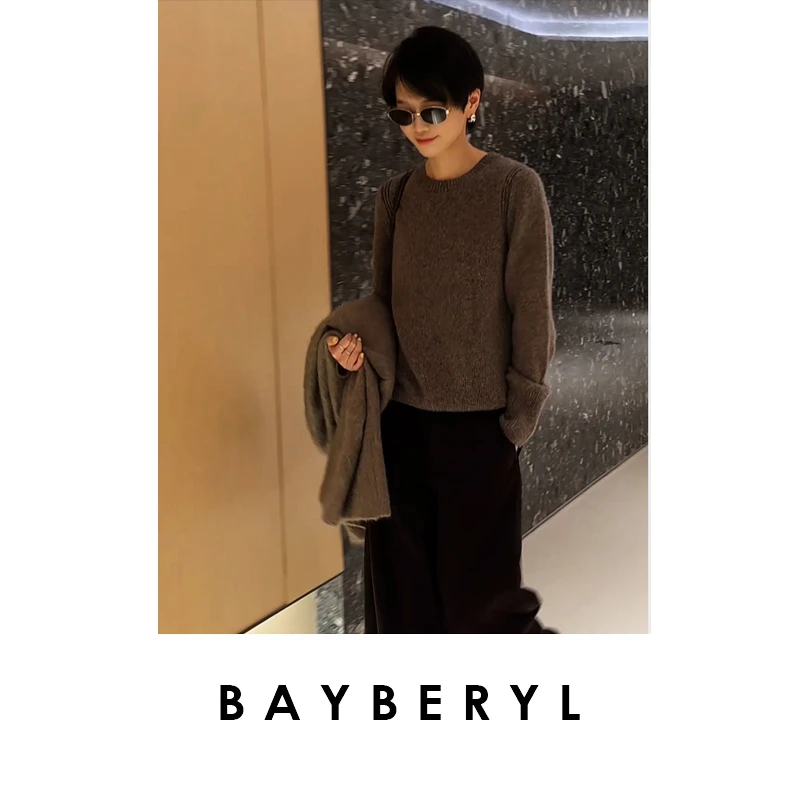 BAYBERYL老贝金葱咖圆领坑条老钱丝羊绒25秋针织衫ZZS5G2909-9/20