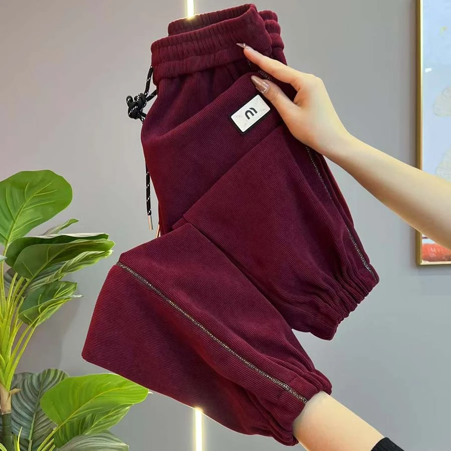 2025早春雪尼尔休闲裤女高腰宽松显瘦时尚钻条高级感束脚卫裤