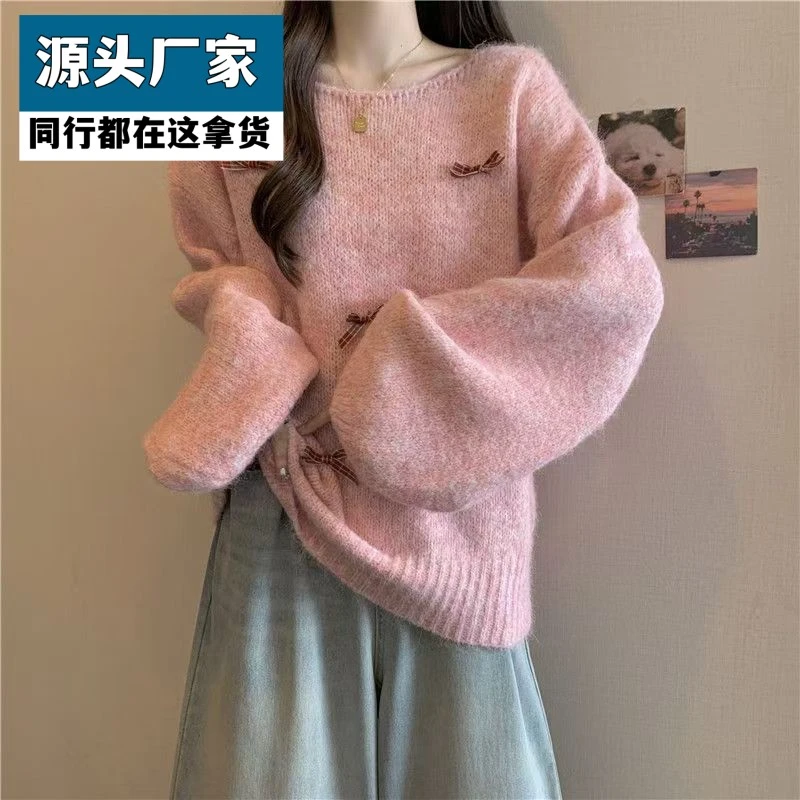 梵乐芬2025慵懒韩系立体蝴蝶结毛衣针织衫新款套头毛衣秋冬遮肉上