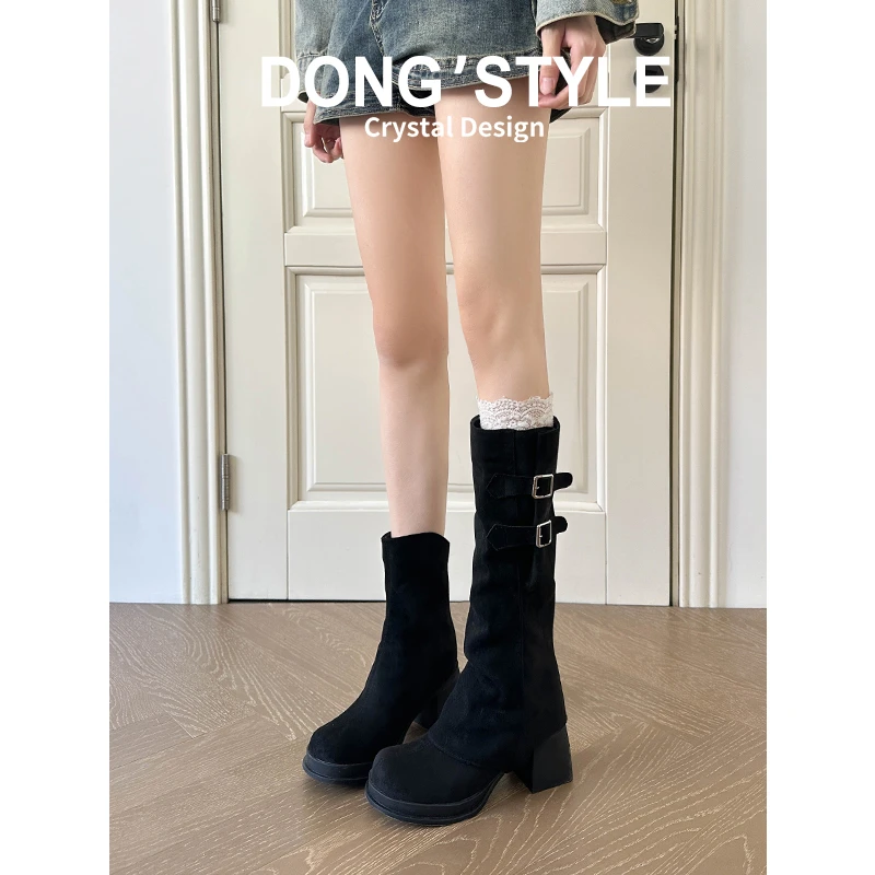 真皮~两穿靴子女2025新款显瘦长靴粗跟小个子爆款高跟流行骑士靴