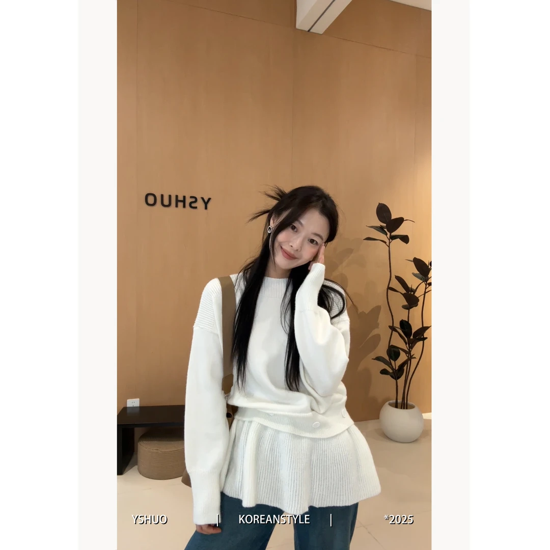 YSHUO【乖乖女】韩系小众荷叶边裙摆设计纽扣软糯针织甜美上衣25531