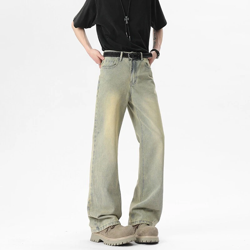 男春夏中腰黄泥色牛仔裤男款微喇破洞复古小众设计感水洗显瘦