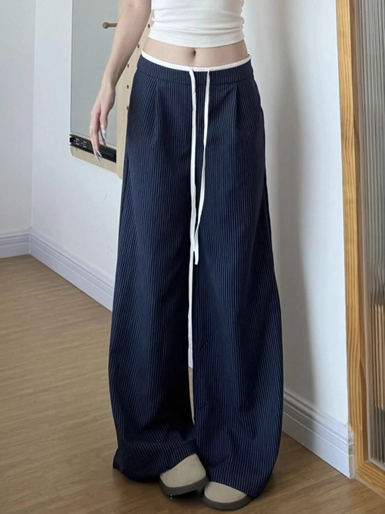 美式拼接条纹西装裤子女夏薄款大码胖mm宽松显瘦休闲冰丝阔腿长裤