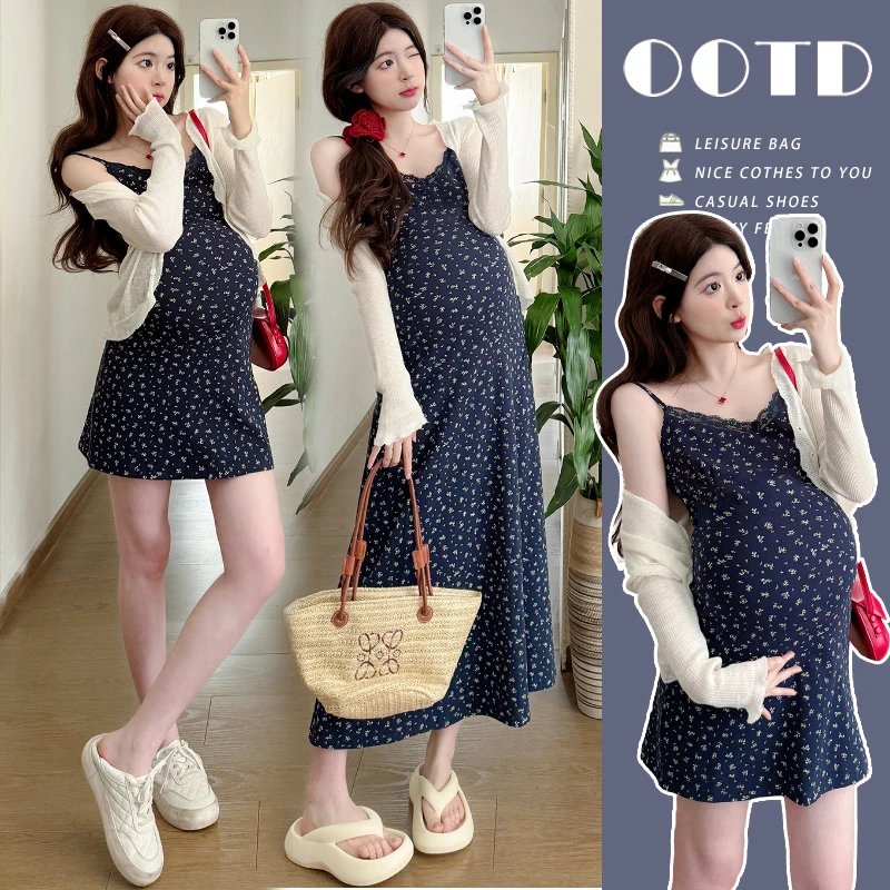 孕妇吊带裙2025新款时尚夏季防晒开衫连衣裙高弹力蕾丝花边夏装裙