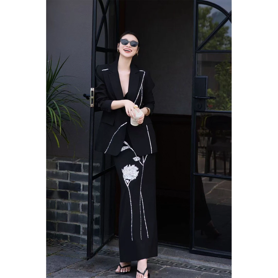 欧美法式女装时尚设计感亮片花朵西装半身裙名媛气质两件套套裙秋