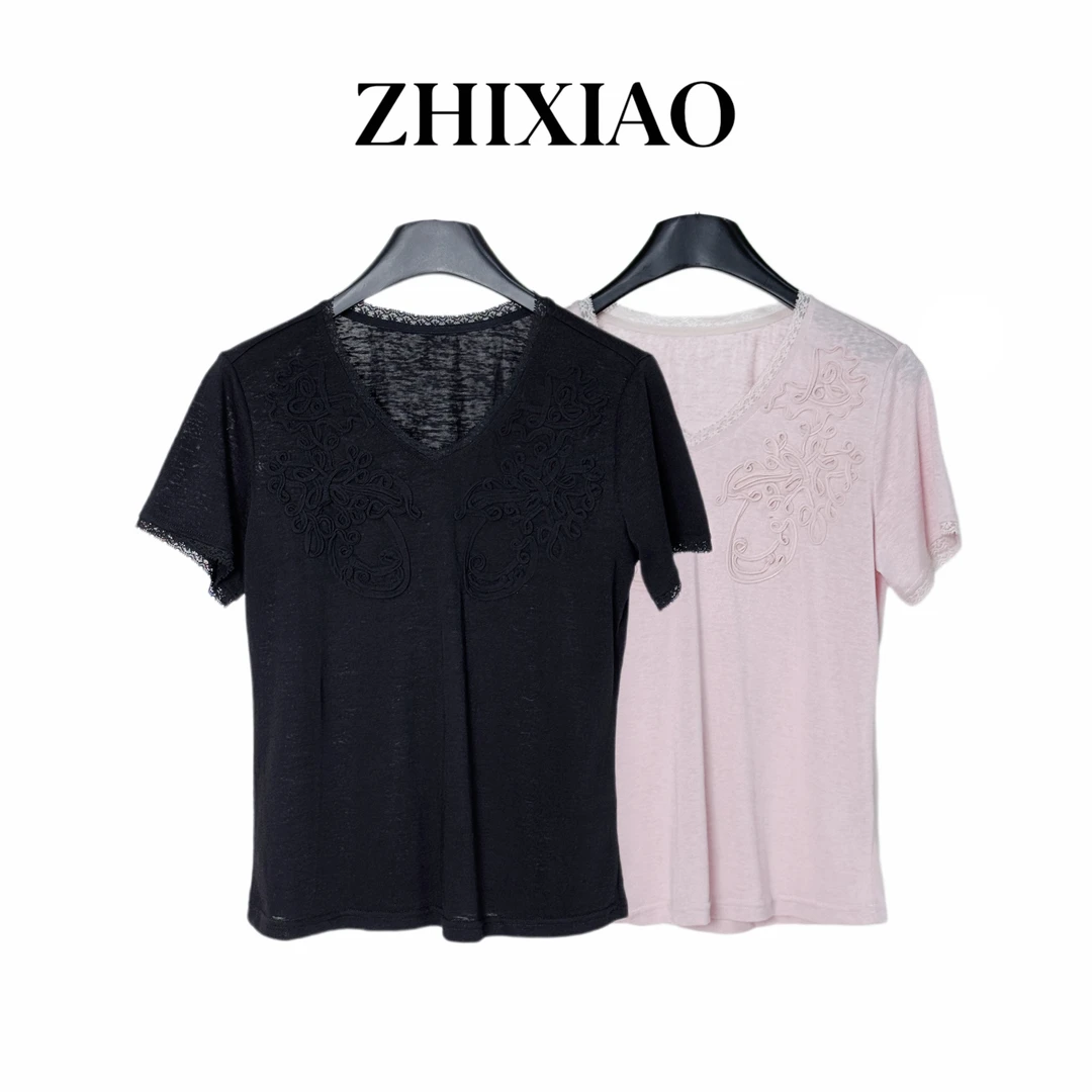 【ZHIXIAO】夏季新款：领口蕾丝V领短袖250653