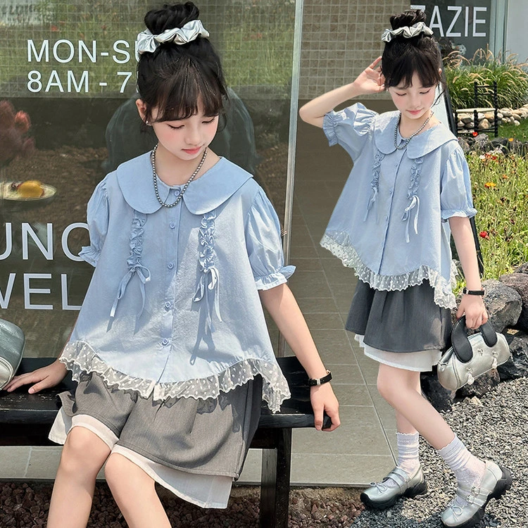 女童蕾丝拼接娃娃衫夏季新款不规则衬衣儿童乖乖女甜美短裤两件套