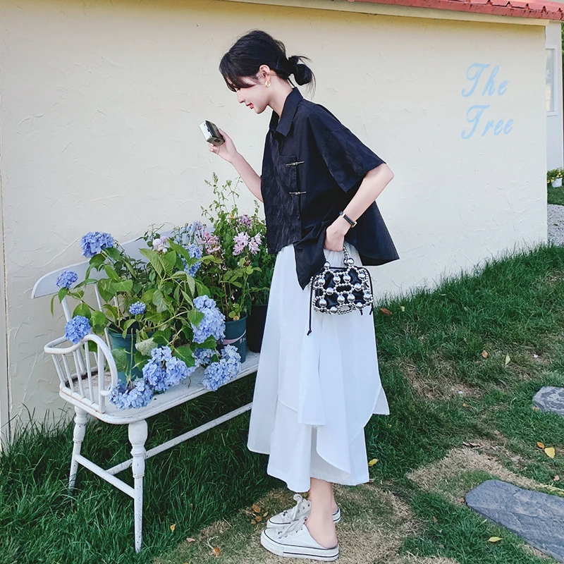 夏日ootd五一穿搭一整套爆款高级感国风新中式衬衫半身裙两件套装