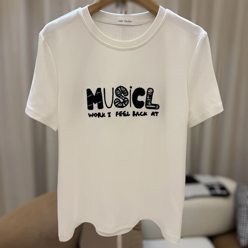 zaw大码女装刺绣正肩短袖t恤女夏胖mm字母上衣遮肚子巨显瘦/25342