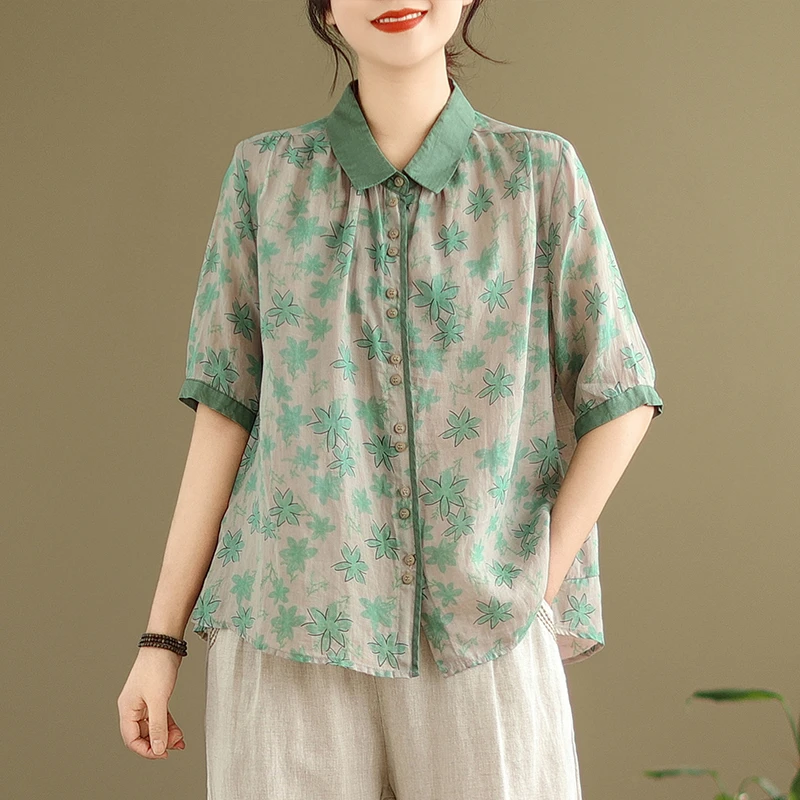 中老年妈妈装棉麻亚麻短袖衬衫洋气大码两件套夏装新款女苎麻套装