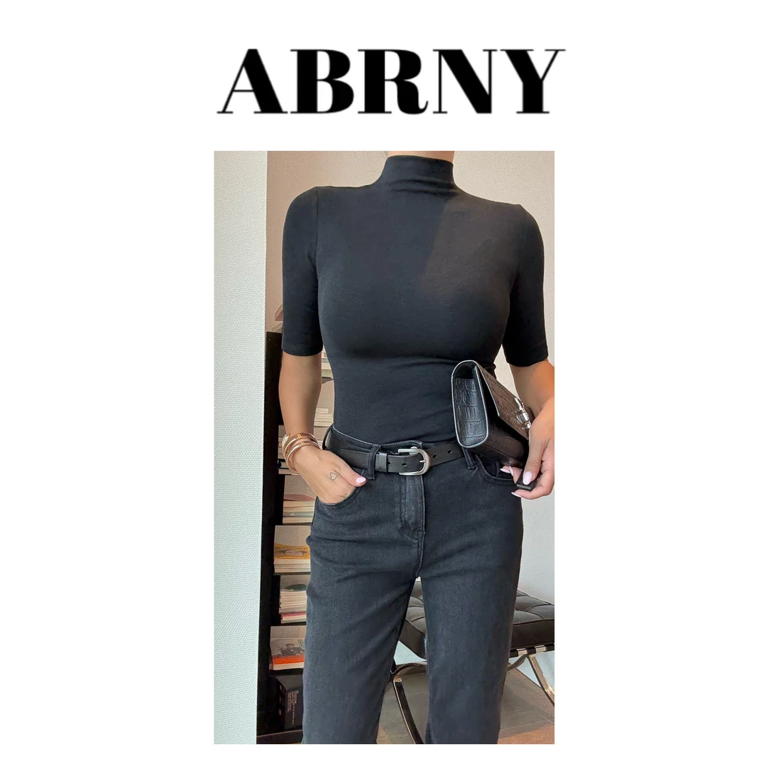 许小黑【天鹅领升级】新款半高领半袖简约纯色上衣T恤修身时尚9002