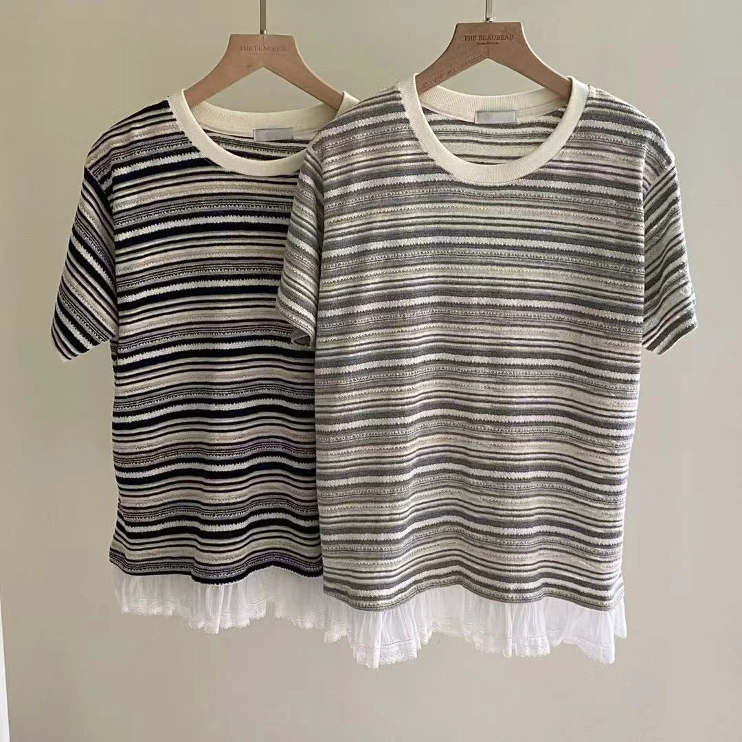 撞色条纹针织薄款T恤（东大门款TBB1561）
