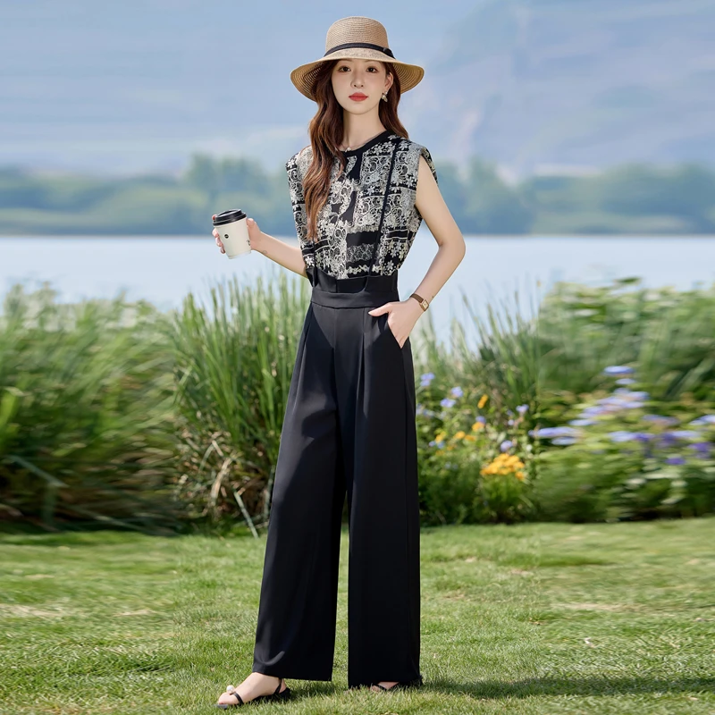 清纯白月光穿搭套装女2025夏季新款40减龄穿搭一整套阔腿裤两件套