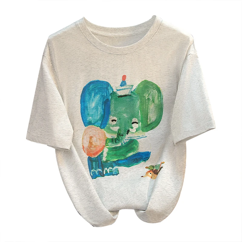 丝柏舍2025夏装新款女宽松遮肉休闲简约圆领短袖印花T恤S42X5039T