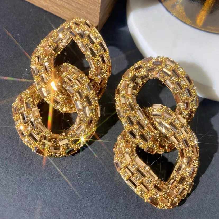 非金属耳饰 新款小众双扣彩色气质满钻轻奢耳环时尚耳钉重工夸张