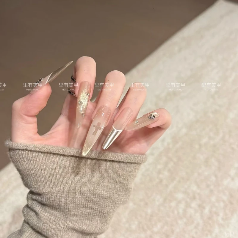 高级感美甲穿手工穿戴甲美甲浅金墨镜粉法式猫眼高级气质千金甲