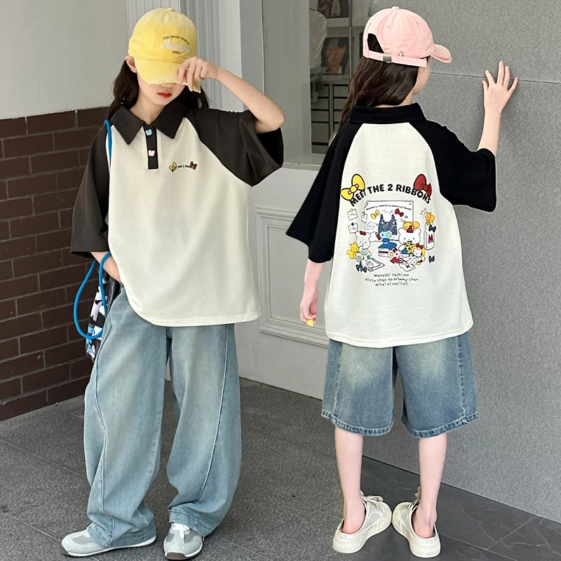 2025新款夏季女童蝴蝶结洋气polo领T恤夏季中大童阔腿直筒套装