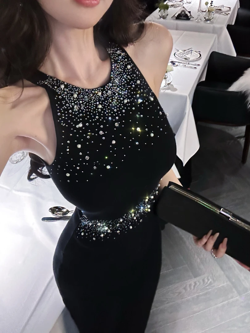 【雅乔定制】繁星闪耀 烫钻钉珠挂脖连衣裙针织长裙DYLL-25076402