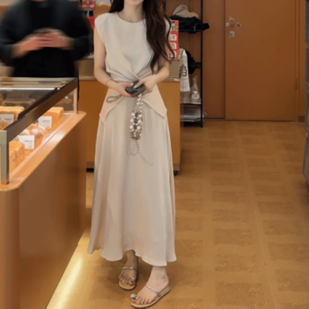 壹壹落日人鱼湾法式气质不规则系带缎面上衣半裙套装海边度假