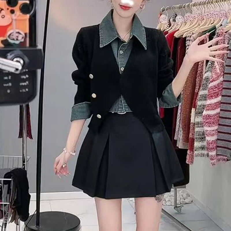 设计感拼接牛仔翻领假两件针织衫毛衣女2024秋季宽松百搭气质上衣