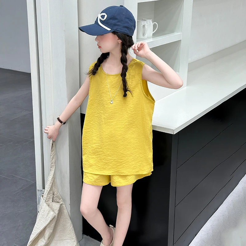 女童2025新款套装休闲风背心短裤无袖上衣洋气纯色夏季休闲宽松潮