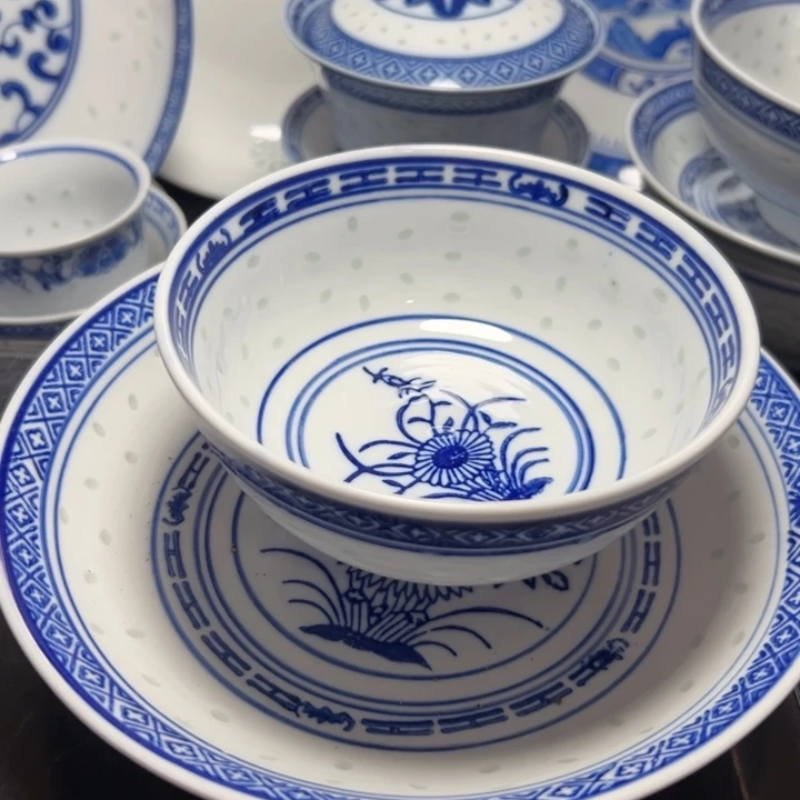 碗青花玲珑5寸兰花饭碗6个7寸盘2个