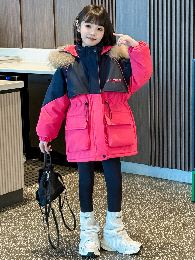 女童真毛领兔毛加绒加厚派克服秋冬韩版中大童女孩连帽拼色棉衣