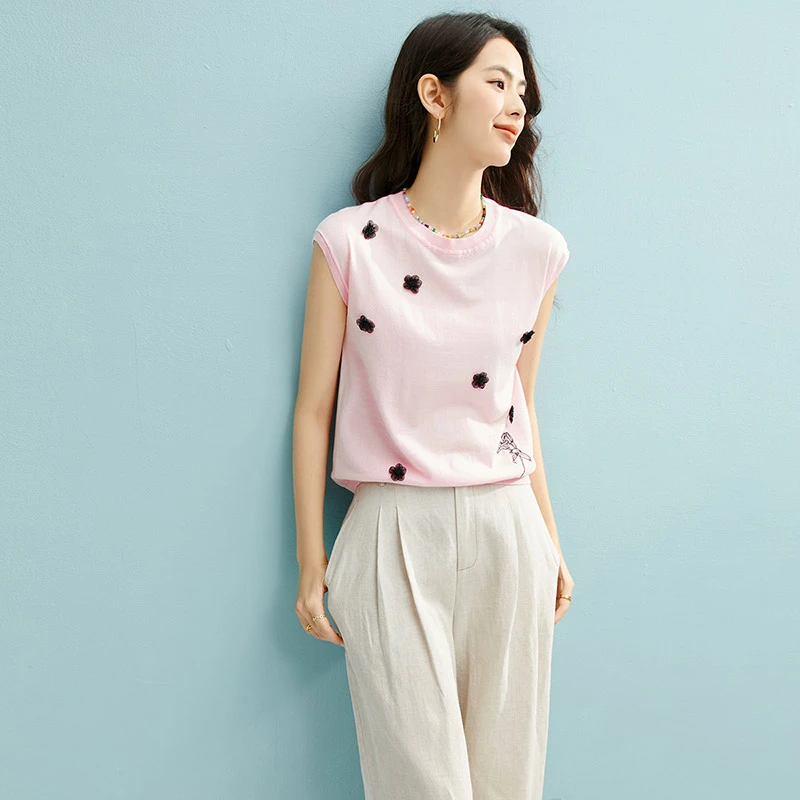 晚白【新品】2025夏莱赛尔上衣圆领立体花针织衫女25030448