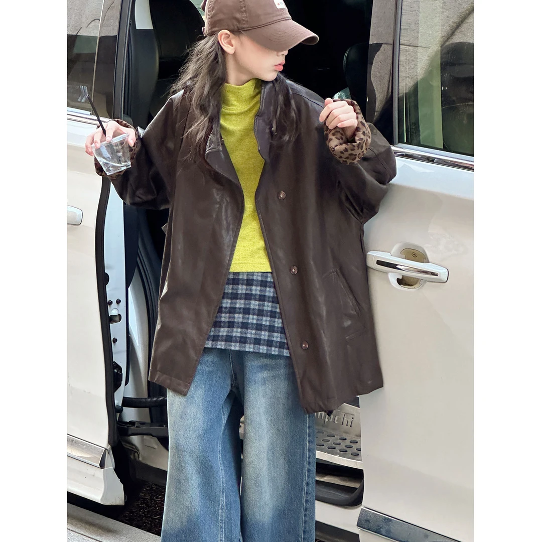 K29801孙小美拼接豹纹女童皮衣夹克2025秋装新款儿童外套春秋上衣