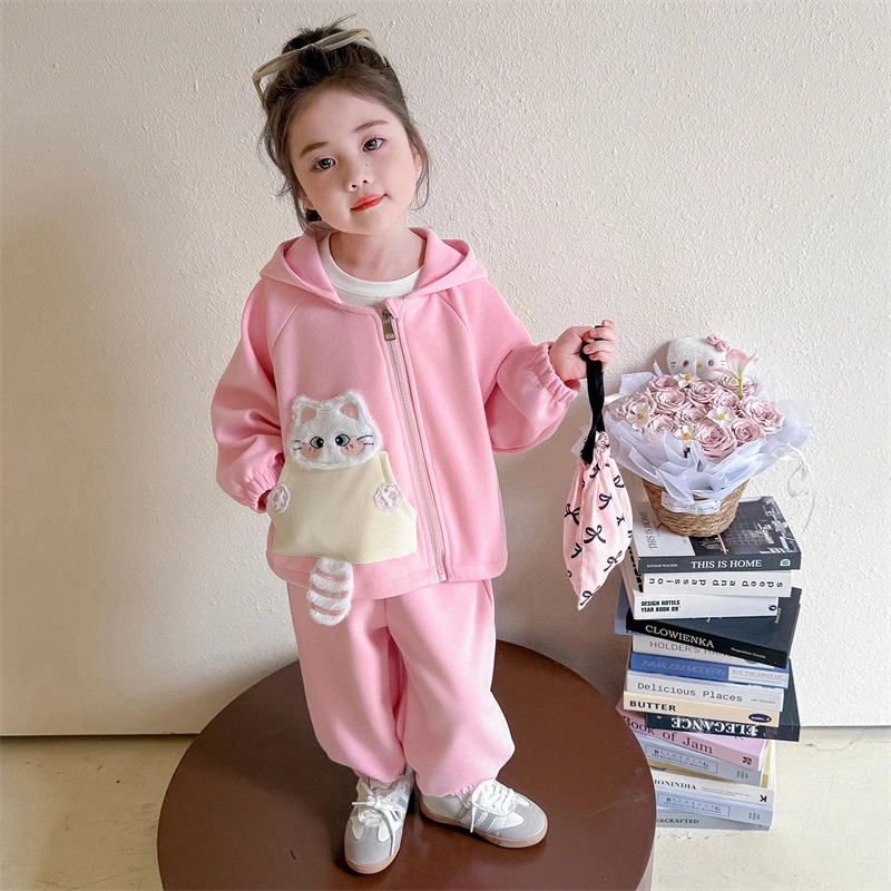 女童2025秋季时尚洋气休闲百搭儿童可爱猫咪绣花斜拉链休闲套装