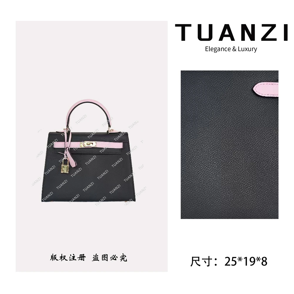 【25cm金扣】手提斜挎腋下TUAN′ZI定制真皮女包 XKY-6978-黑配粉