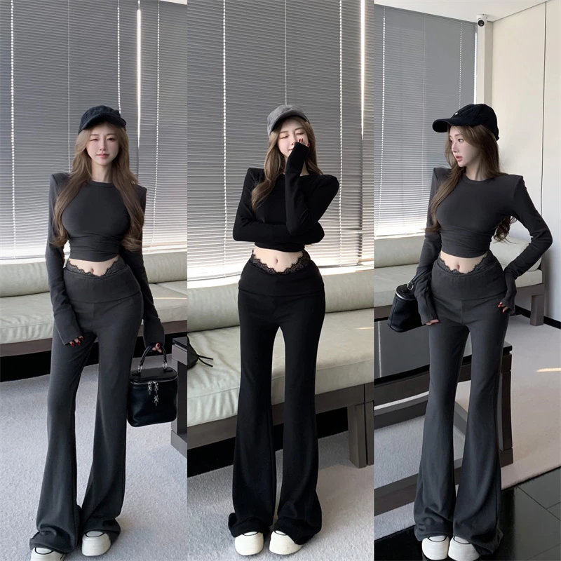 时尚气质辣妹圆领修身显瘦百搭上衣套装女微喇叭蕾丝休闲裤两件套